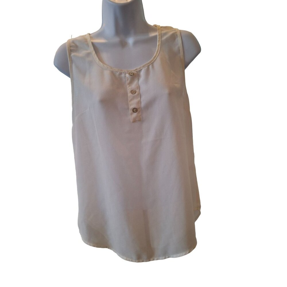 E M Womens Blouse M White Sleeveless White Lace Back Button Front Y2K Minimalist
